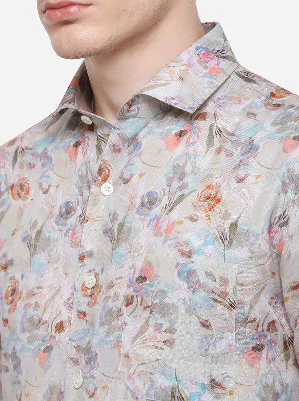 Light Grey Printed Slim Fit Formal Shirt | JadeBlue