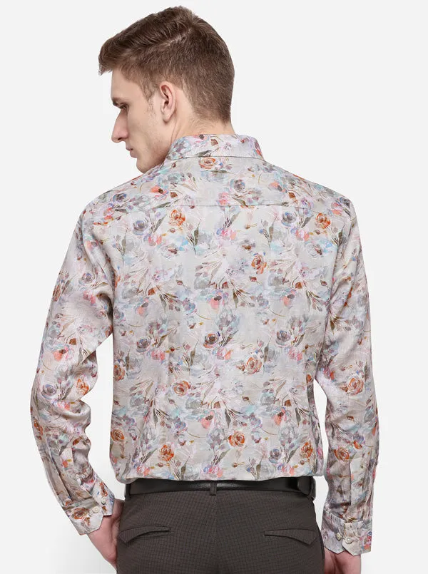 Light Grey Printed Slim Fit Formal Shirt | JadeBlue