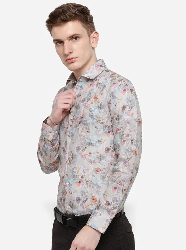 Light Grey Printed Slim Fit Formal Shirt | JadeBlue