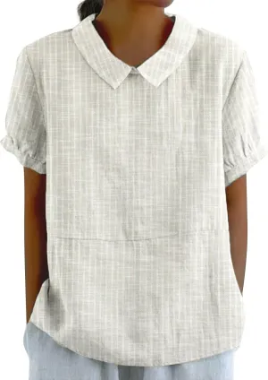 Linen Blouses for Women Dressy Casual Lapel Collar Shirts Retro Cute Floral Print Loose Short Sleeve Boho Tunic