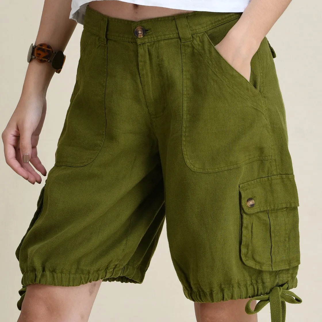 LINEN CARGO SHORTS WITH TIE-UP LEG FOLDS