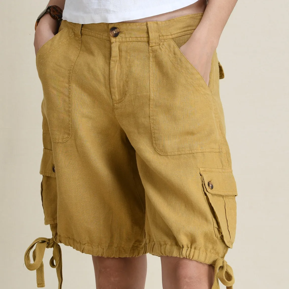 LINEN CARGO SHORTS WITH TIE-UP LEG FOLDS