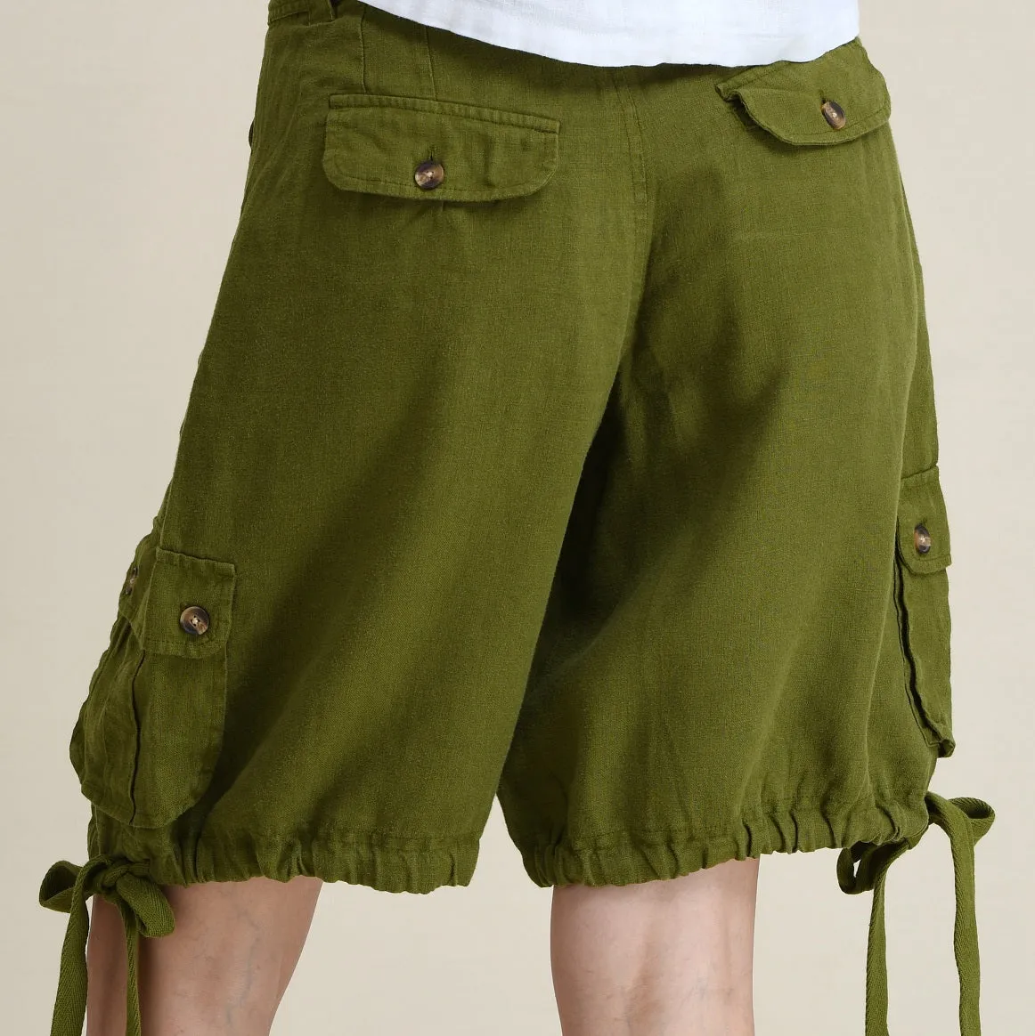 LINEN CARGO SHORTS WITH TIE-UP LEG FOLDS