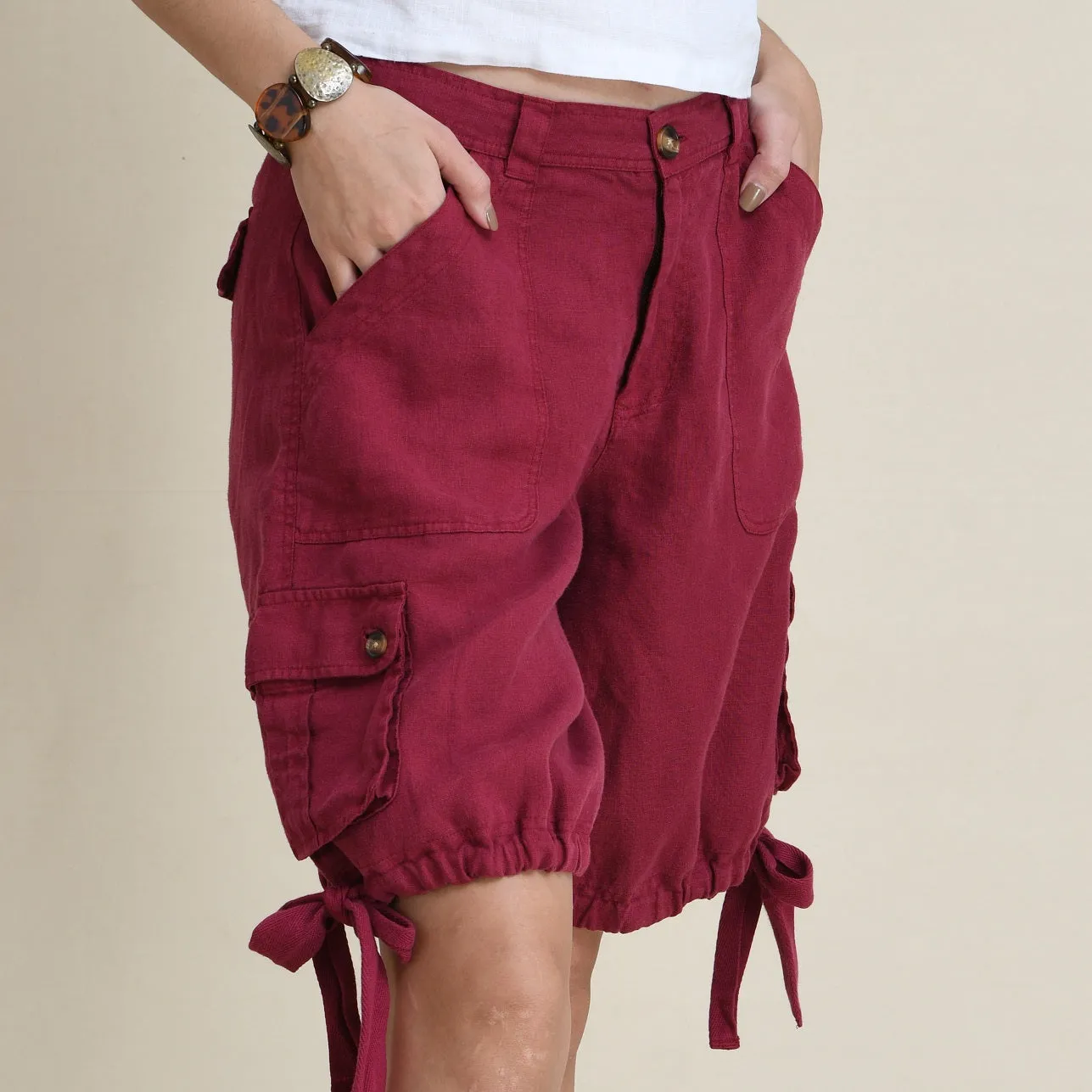 LINEN CARGO SHORTS WITH TIE-UP LEG FOLDS