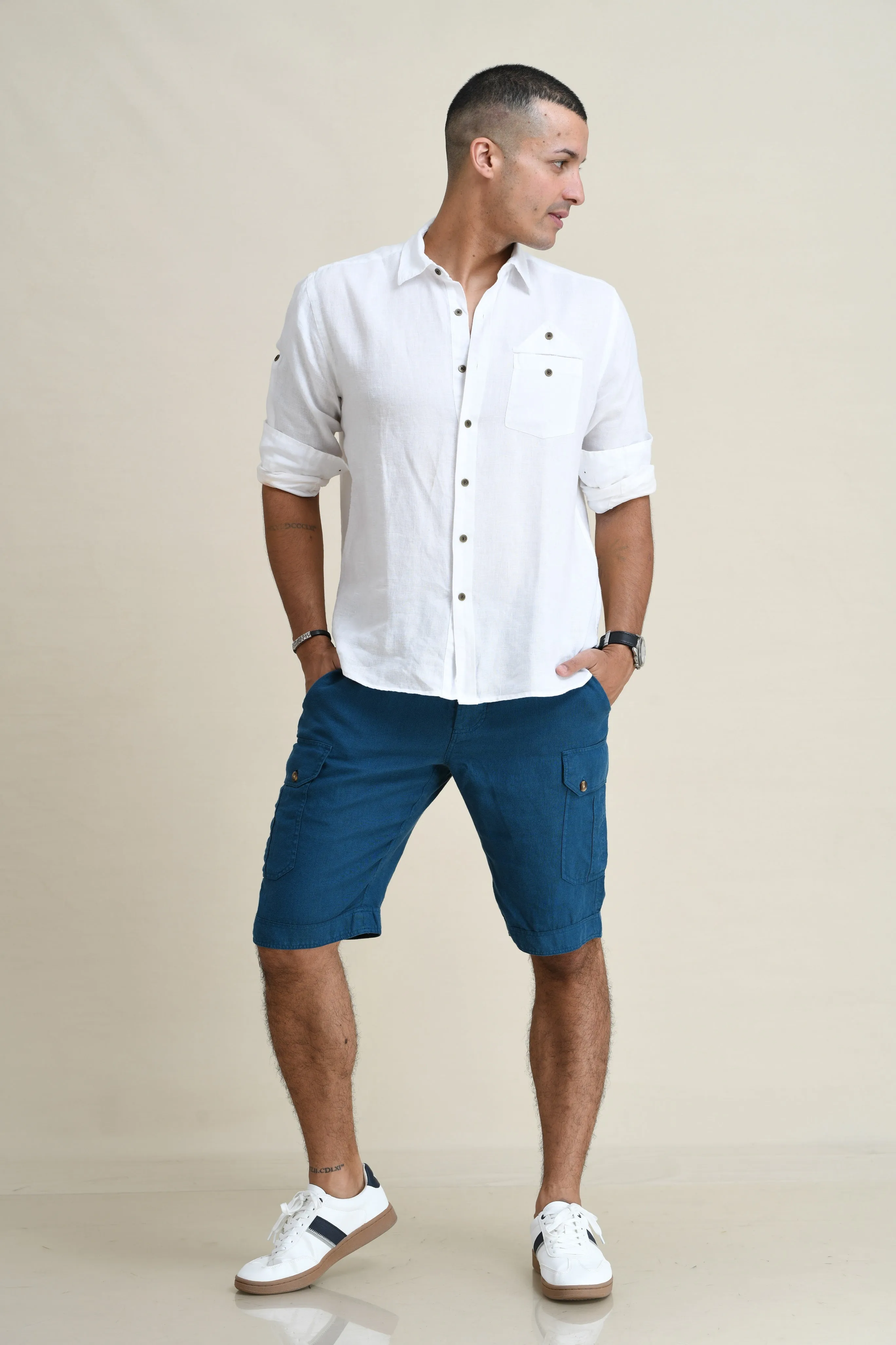 LINEN DRAW-STRING SHORTS WITH LEG-POCKETS