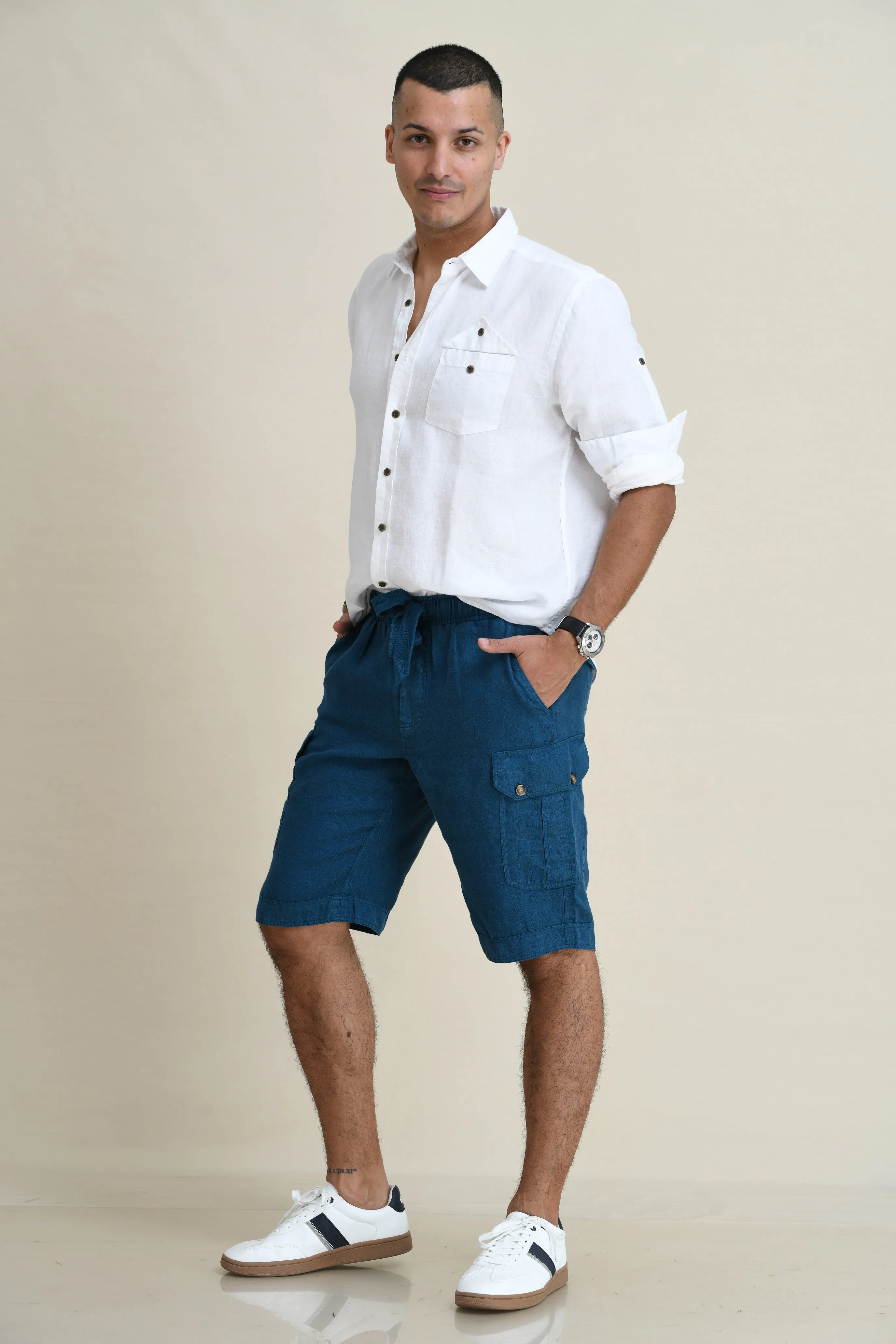 LINEN DRAW-STRING SHORTS WITH LEG-POCKETS