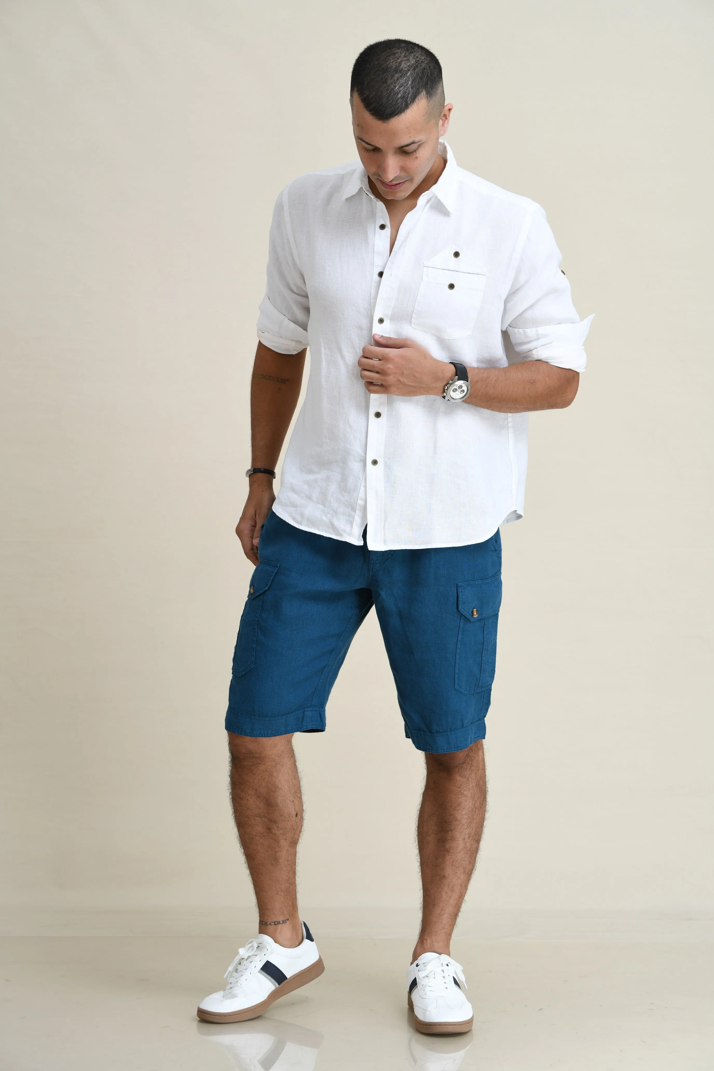 LINEN DRAW-STRING SHORTS WITH LEG-POCKETS
