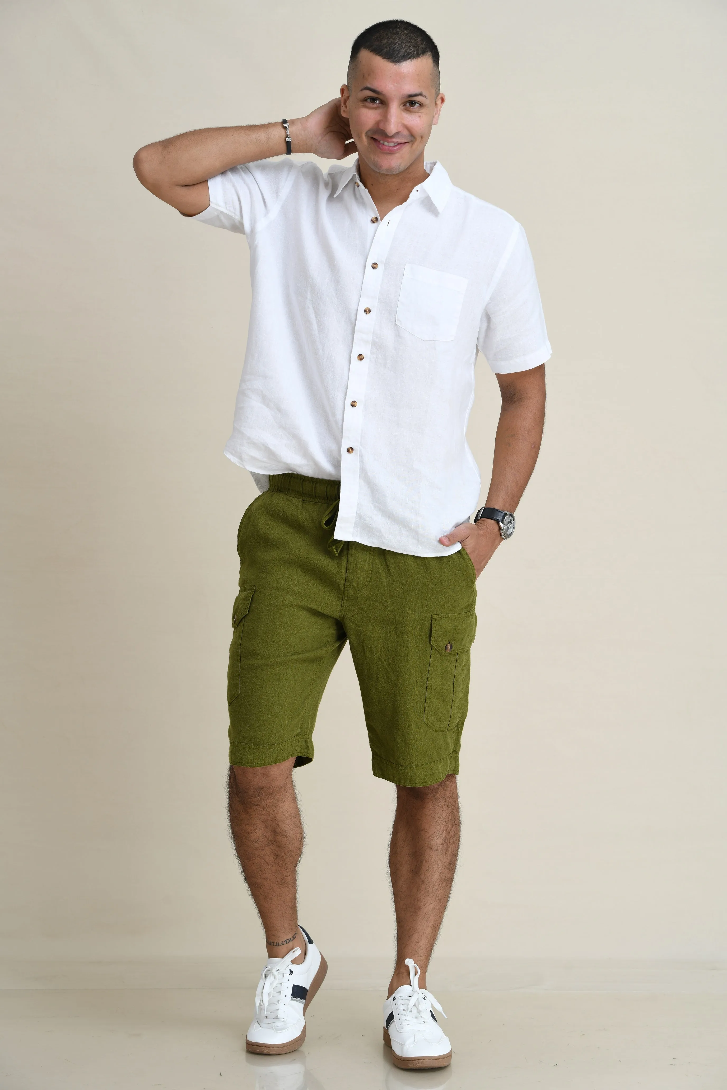 LINEN DRAW-STRING SHORTS WITH LEG-POCKETS