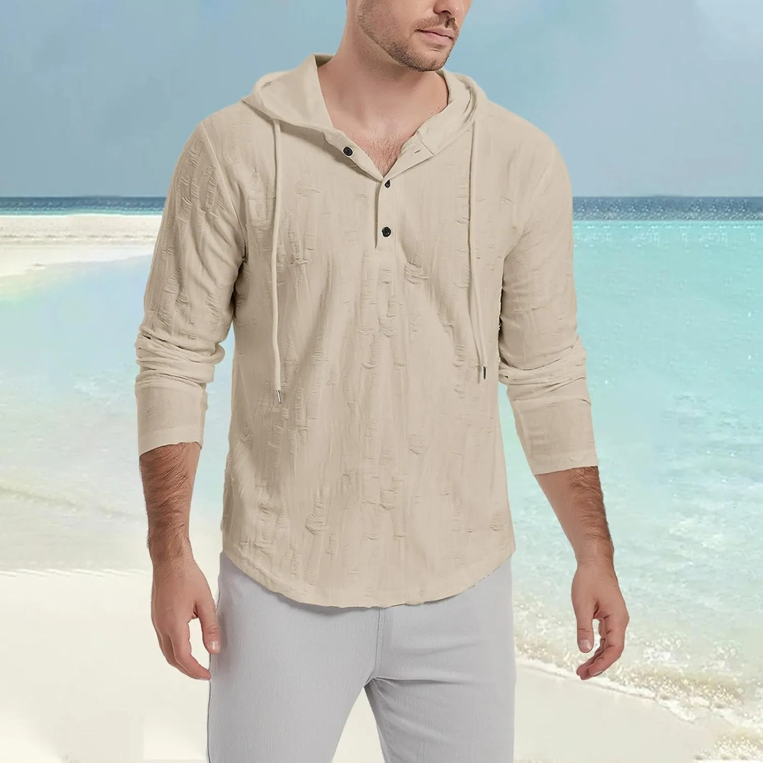 Linen Hoodies for Men Summer Lightweight Breathable Dry Fit Beach Tops Casual Long Sleeve Slim Fit Solid Sweatshirts