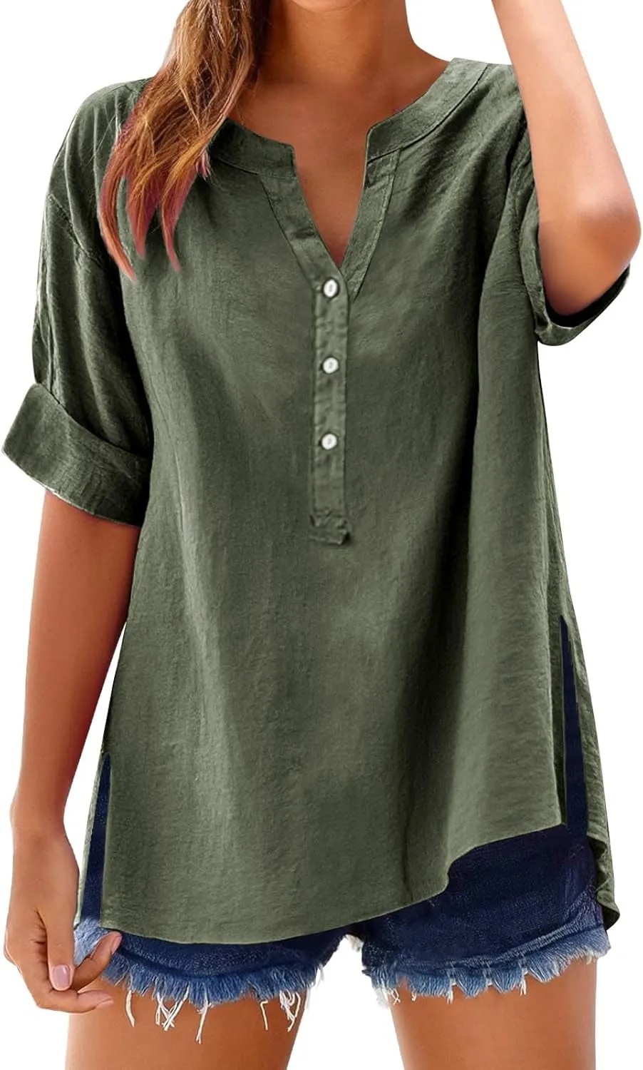 Linen Shirt for Women Half Sleeve Button Oversize T Shirt Lightweight Summer Fashion Tops Causal Dressy Daily Top