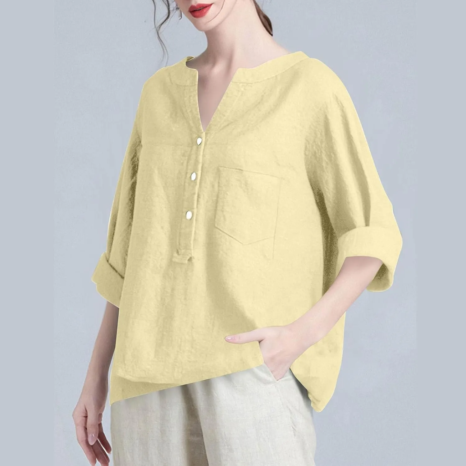 Linen Shirts for Women 3/4 Sleeve Button V Neck Summer Solid Color Gauze Cotton Linen Shirts with Pocket