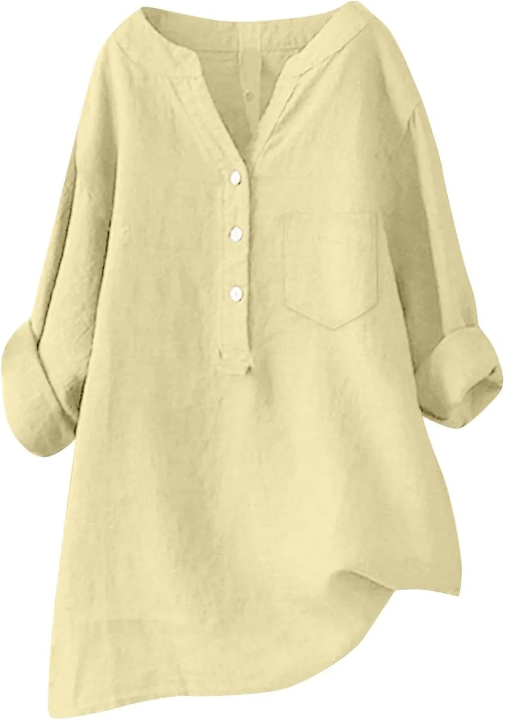 Linen Shirts for Women 3/4 Sleeve Button V Neck Summer Solid Color Gauze Cotton Linen Shirts with Pocket