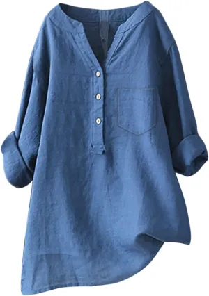 Linen Shirts for Women 3/4 Sleeve Button V Neck Summer Solid Color Gauze Cotton Linen Shirts with Pocket