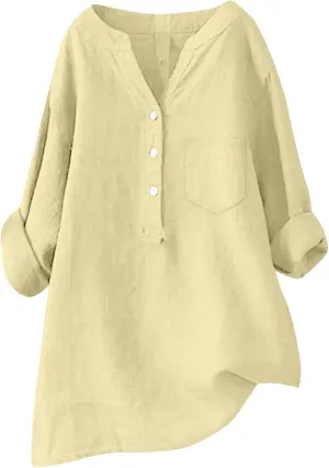 Linen Shirts for Women 3/4 Sleeve Button V Neck Summer Solid Color Gauze Cotton Linen Shirts with Pocket