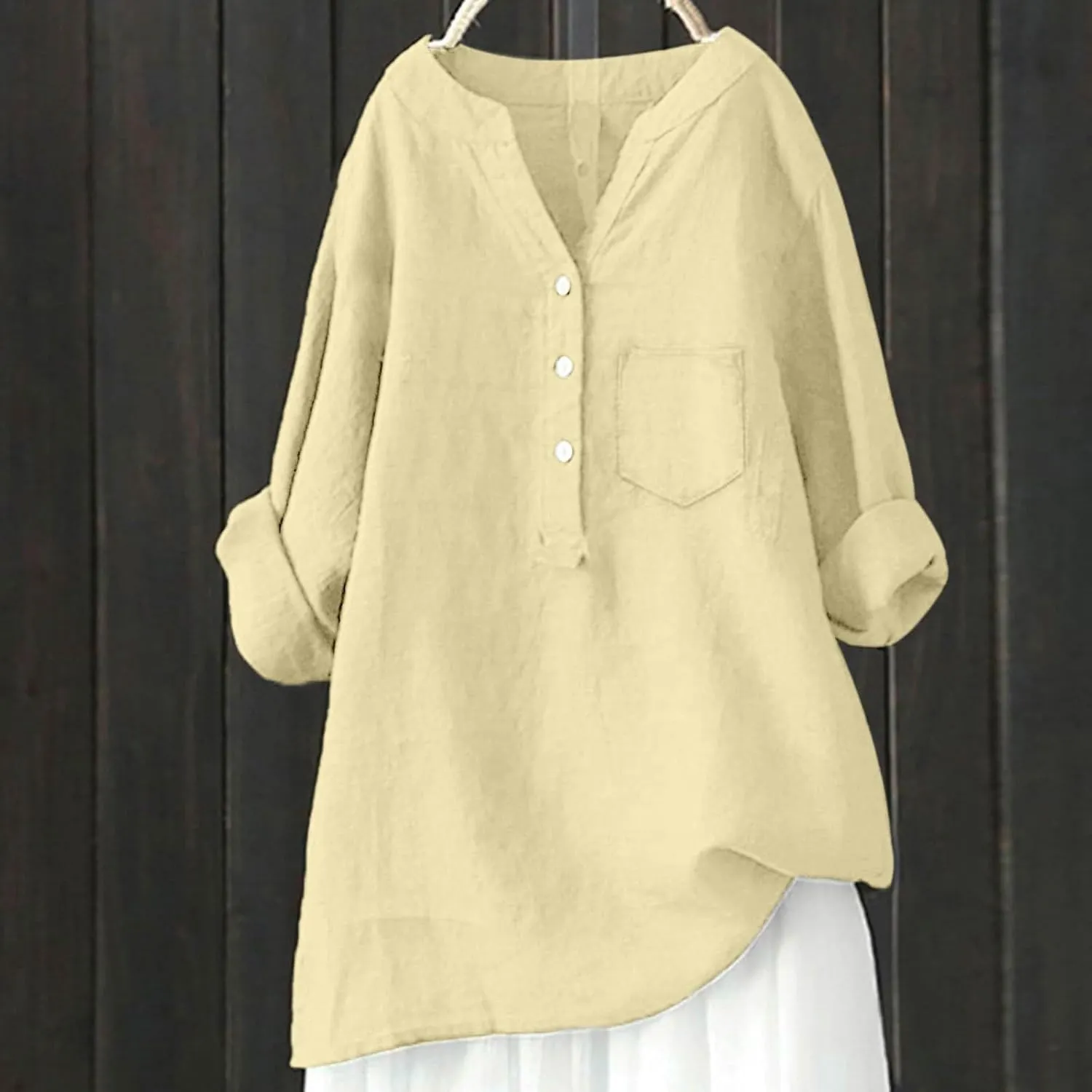 Linen Shirts for Women 3/4 Sleeve Button V Neck Summer Solid Color Gauze Cotton Linen Shirts with Pocket
