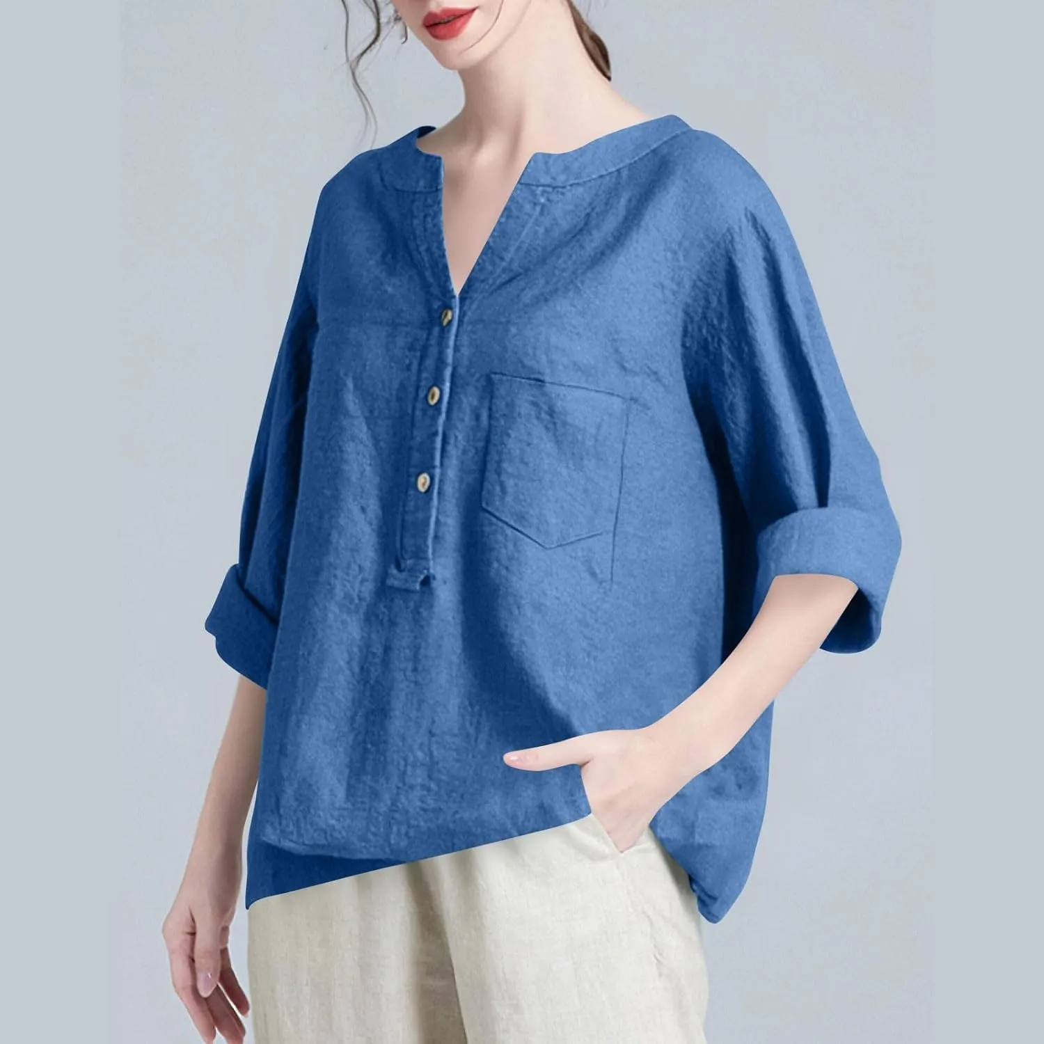 Linen Shirts for Women 3/4 Sleeve Button V Neck Summer Solid Color Gauze Cotton Linen Shirts with Pocket