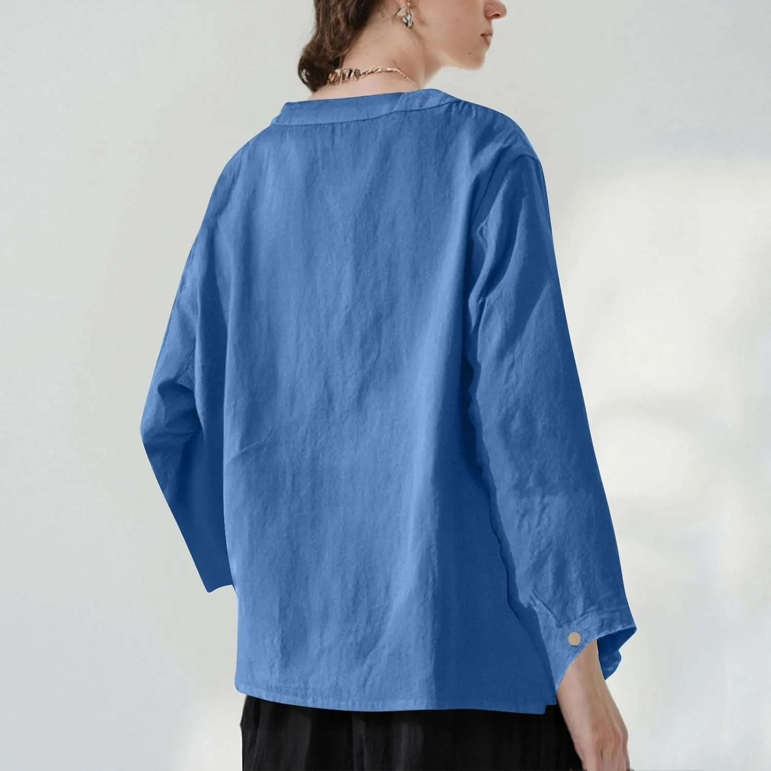 Linen Shirts for Women 3/4 Sleeve Button V Neck Summer Solid Color Gauze Cotton Linen Shirts with Pocket