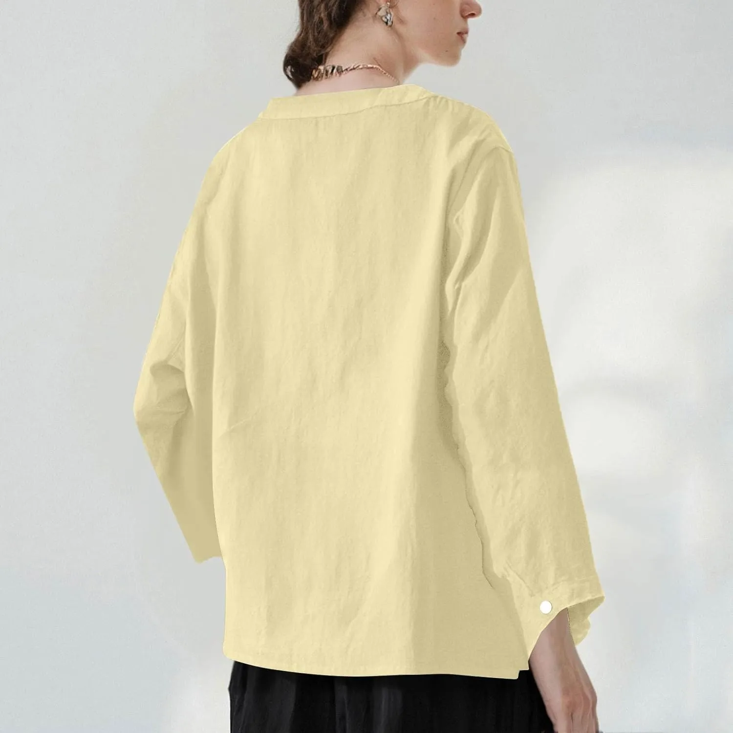 Linen Shirts for Women 3/4 Sleeve Button V Neck Summer Solid Color Gauze Cotton Linen Shirts with Pocket