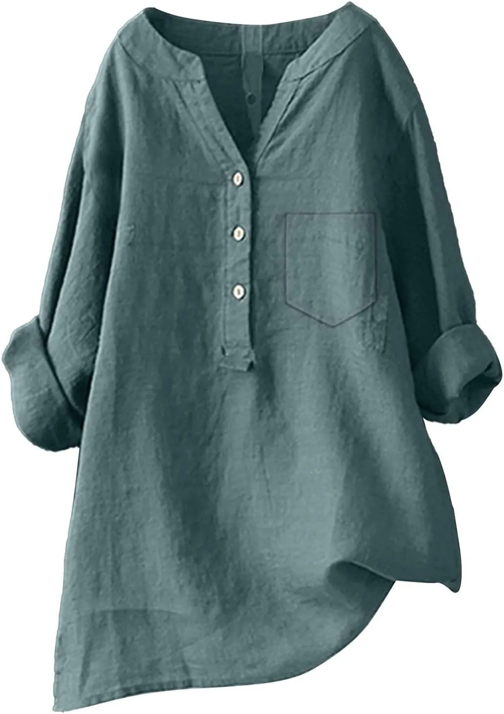 Linen Shirts for Women 3/4 Sleeve V Neck Blouses Buttons Plus Size Loose Fit T-Shirts Solid Color Summer Holiday Tops