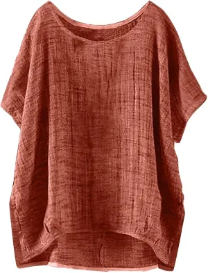 Linen Shirts for Women Summer Casual Bohemian Crewneck Short Sleeve Cute Tops Side Slit Loose Fit Comfy Gauze Blouse