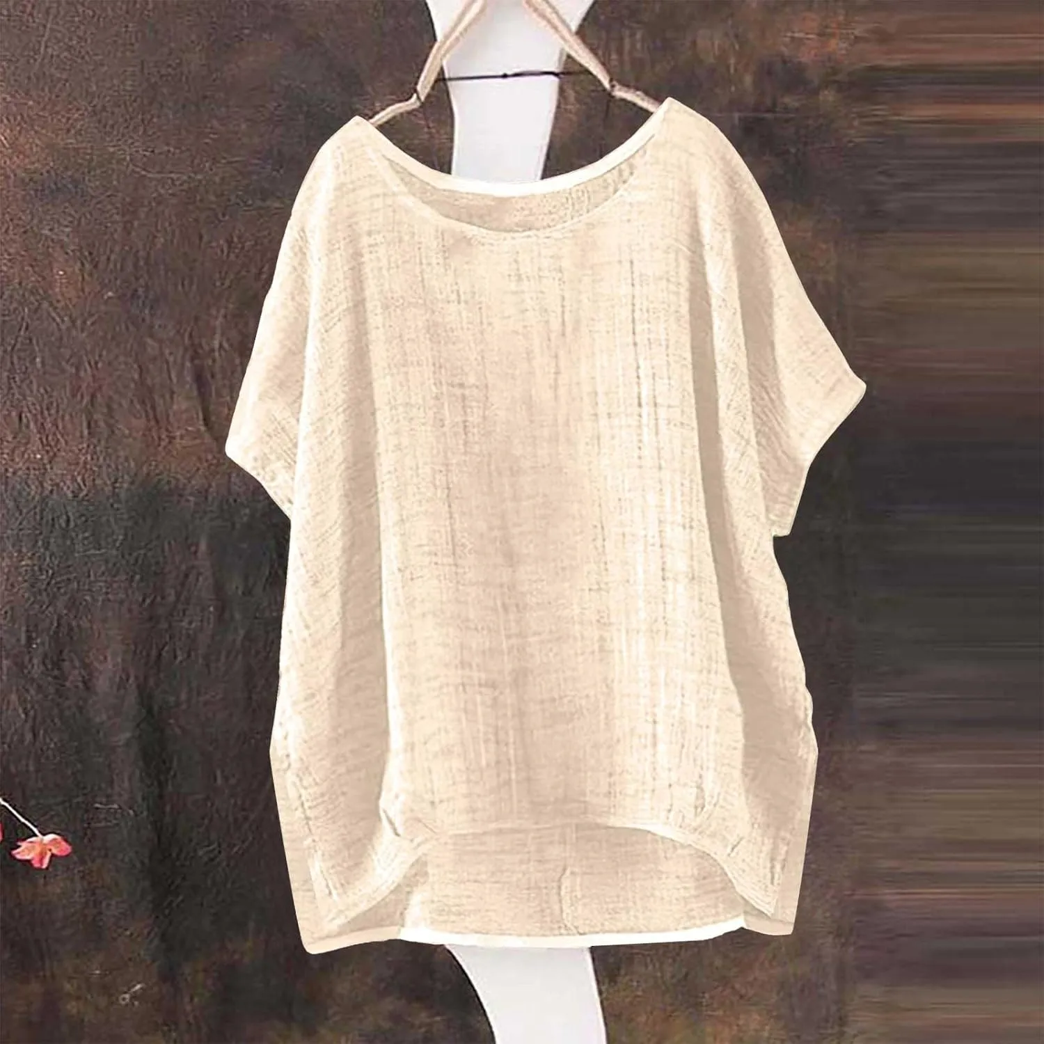 Linen Shirts for Women Summer Casual Bohemian Crewneck Short Sleeve Cute Tops Side Slit Loose Fit Comfy Gauze Blouse