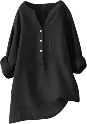 Linen Shirts for Women V Neck Button Down Blouse Office Work Tops Tees Shirt Blouse Tops Cotton Linen Shirts