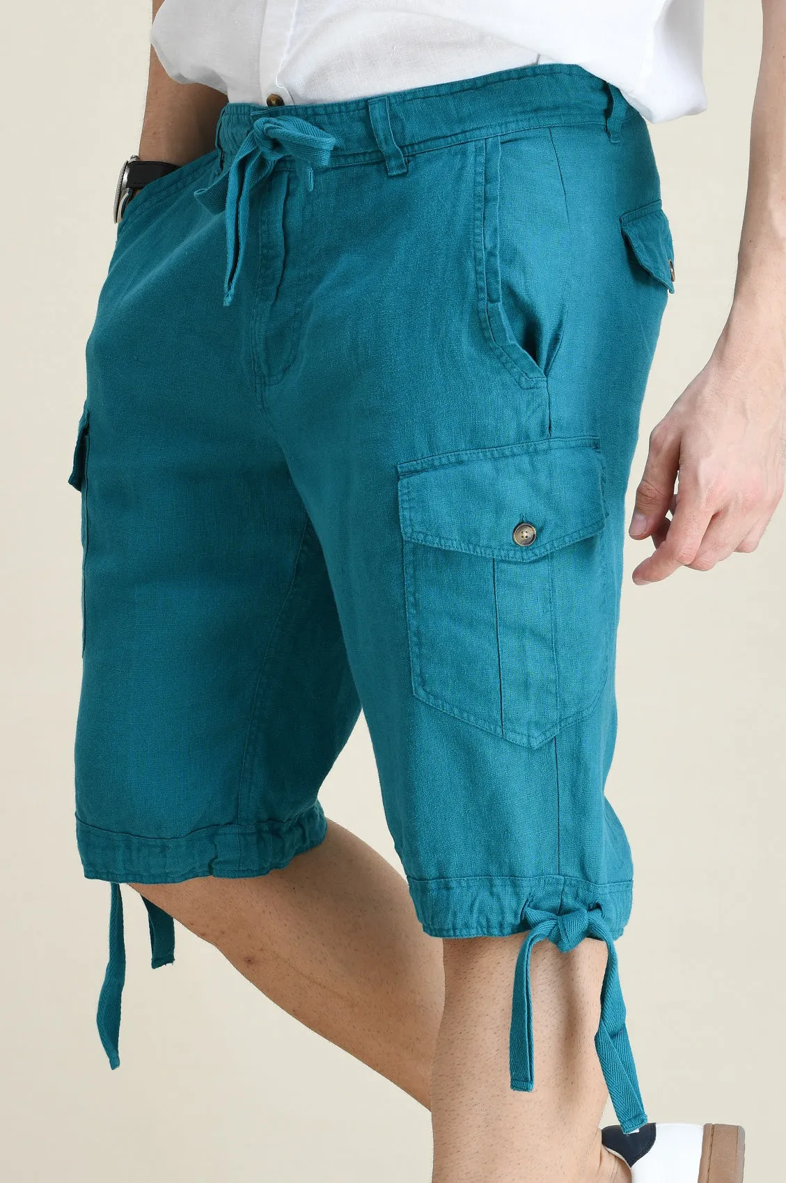 LINEN STARIGHT-LEG CARGO SHORTS WITH DRAWSTRINGS ON WAIST & LEG FOLD