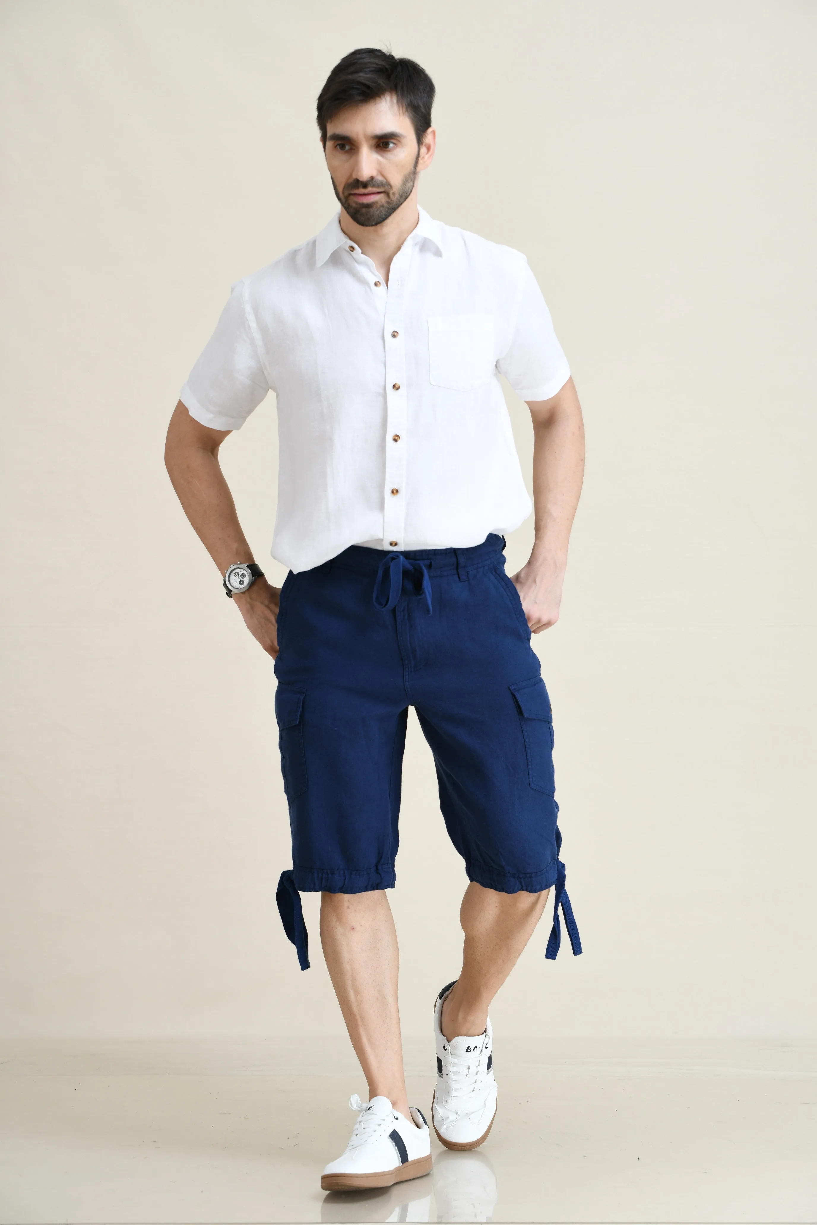 LINEN STARIGHT-LEG CARGO SHORTS WITH DRAWSTRINGS ON WAIST & LEG FOLD