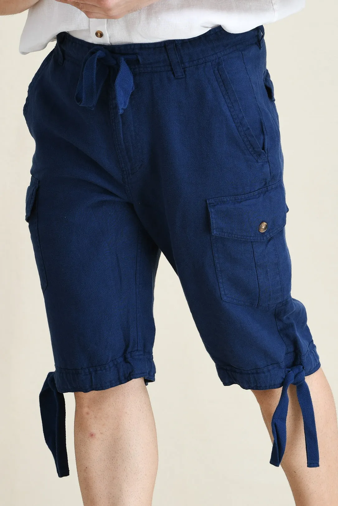 LINEN STARIGHT-LEG CARGO SHORTS WITH DRAWSTRINGS ON WAIST & LEG FOLD