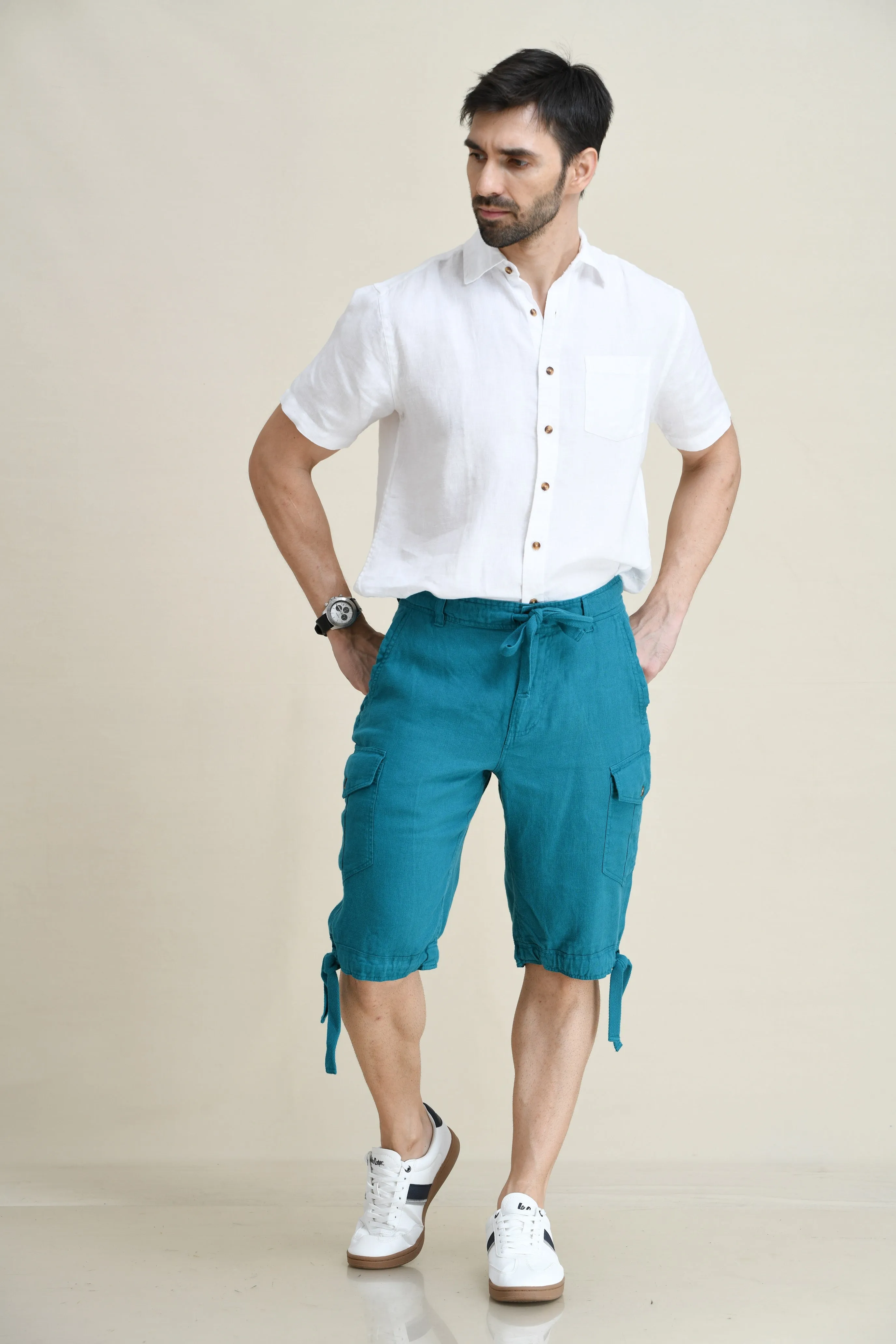 LINEN STARIGHT-LEG CARGO SHORTS WITH DRAWSTRINGS ON WAIST & LEG FOLD