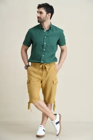 LINEN STARIGHT-LEG CARGO SHORTS WITH DRAWSTRINGS ON WAIST & LEG FOLD