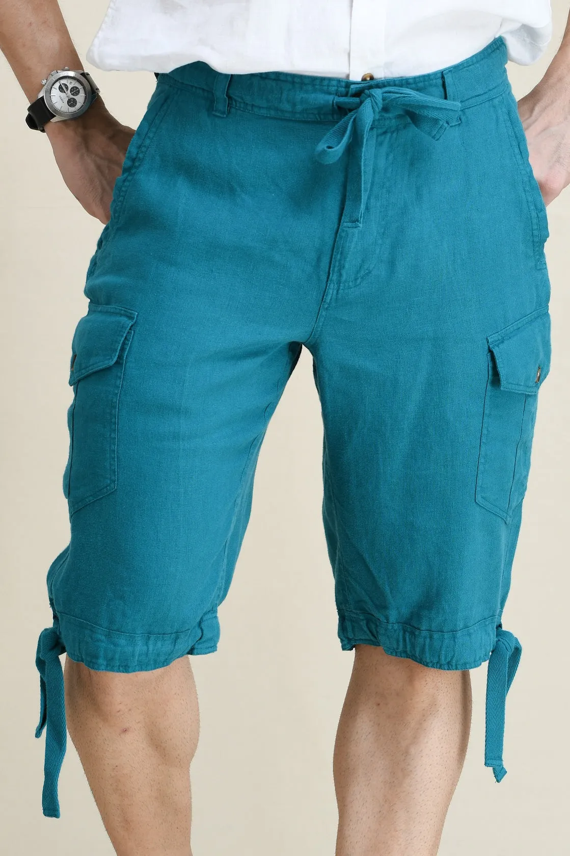 LINEN STARIGHT-LEG CARGO SHORTS WITH DRAWSTRINGS ON WAIST & LEG FOLD