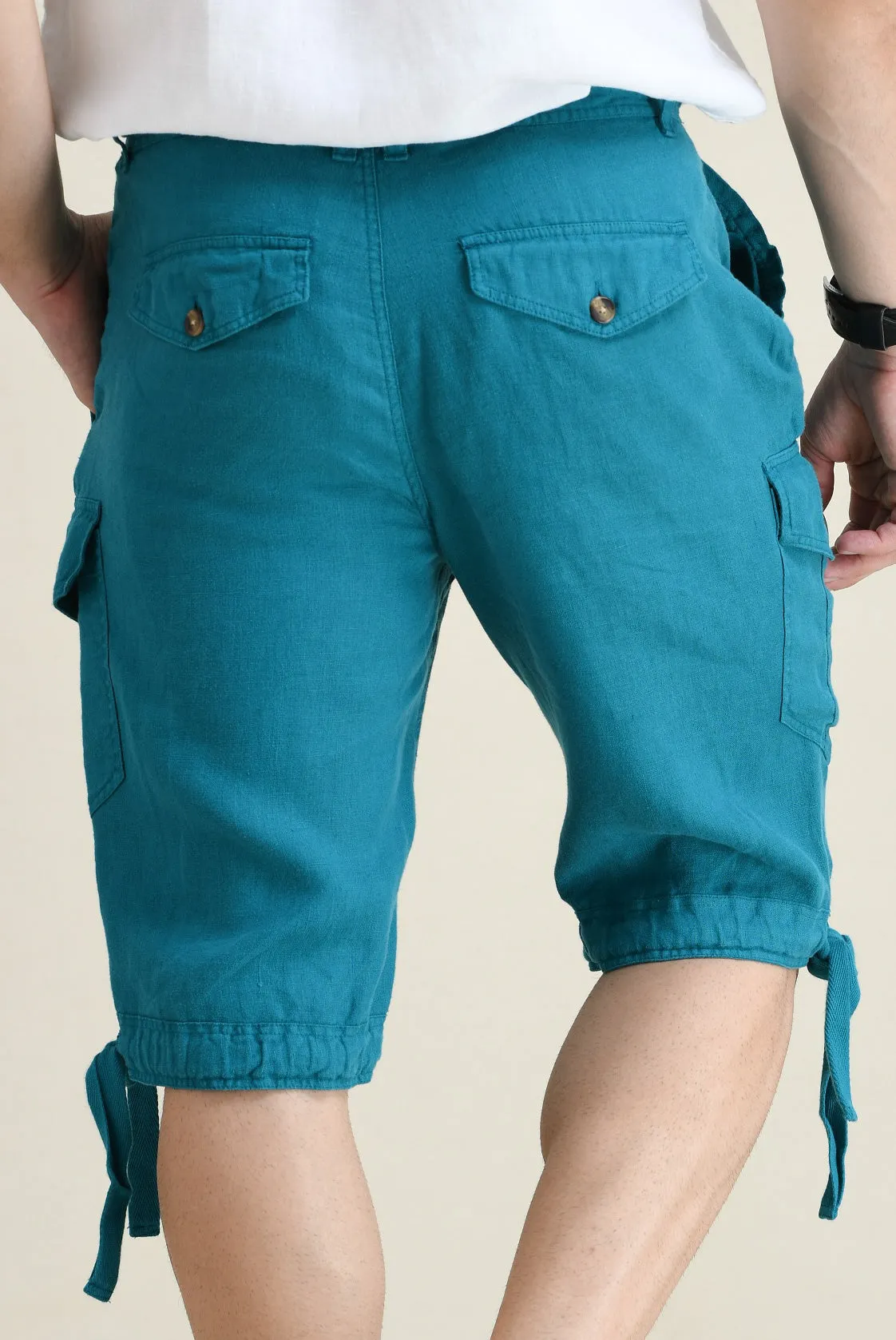 LINEN STARIGHT-LEG CARGO SHORTS WITH DRAWSTRINGS ON WAIST & LEG FOLD
