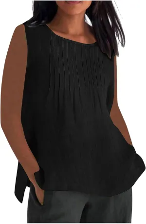 Linen Tank Tops for Women Cotton Gauze Crewneck Pleated Front Sleeveless Plus Size Summer Shirts with Side Slit