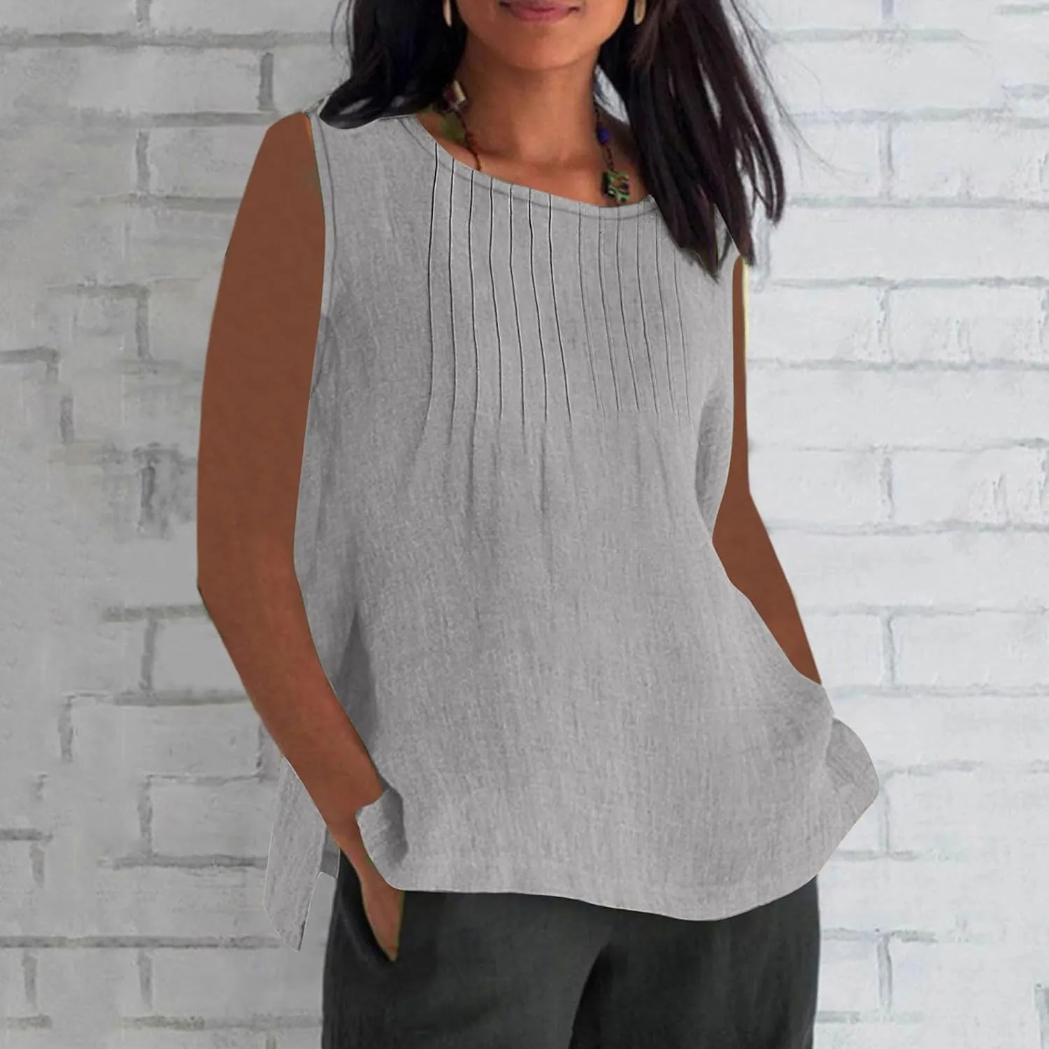 Linen Tank Tops for Women Cotton Gauze Crewneck Pleated Front Sleeveless Plus Size Summer Shirts with Side Slit