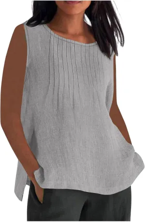 Linen Tank Tops for Women Cotton Gauze Crewneck Pleated Front Sleeveless Plus Size Summer Shirts with Side Slit