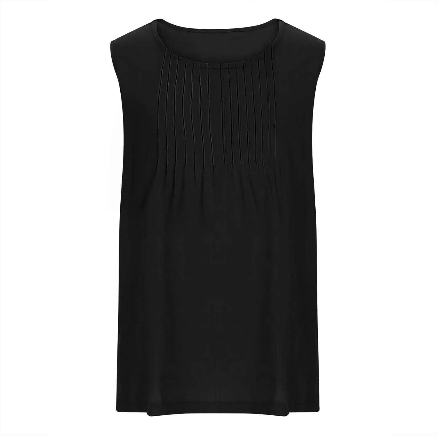 Linen Tank Tops for Women Cotton Gauze Crewneck Pleated Front Sleeveless Plus Size Summer Shirts with Side Slit