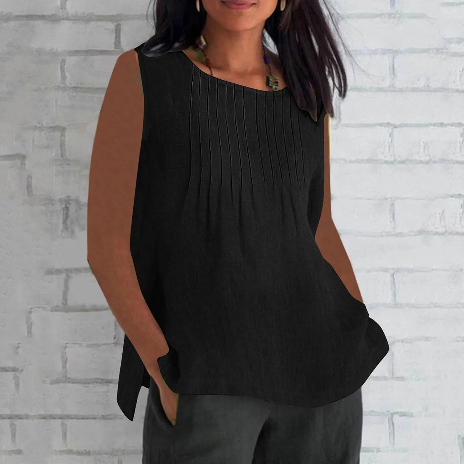 Linen Tank Tops for Women Cotton Gauze Crewneck Pleated Front Sleeveless Plus Size Summer Shirts with Side Slit