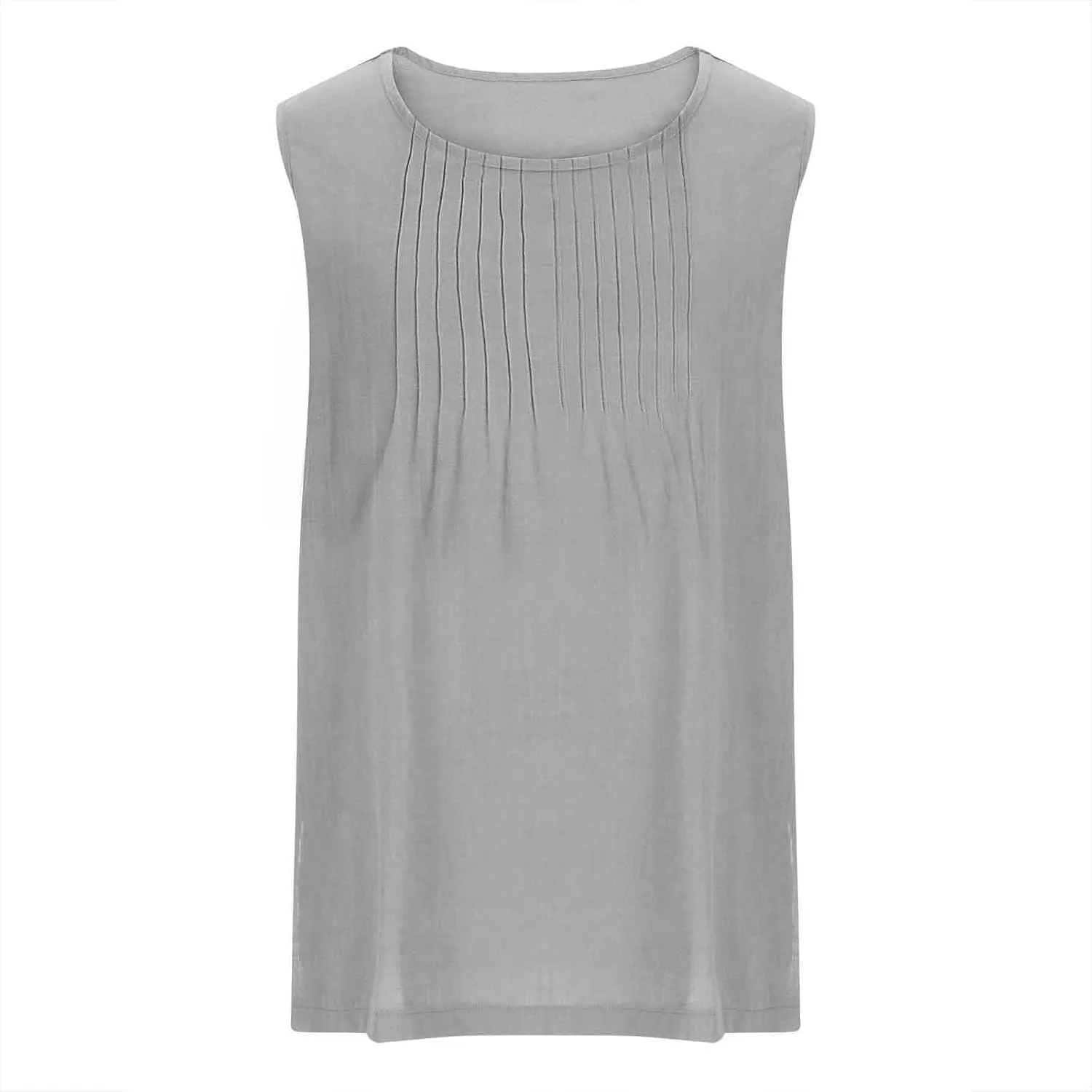 Linen Tank Tops for Women Cotton Gauze Crewneck Pleated Front Sleeveless Plus Size Summer Shirts with Side Slit
