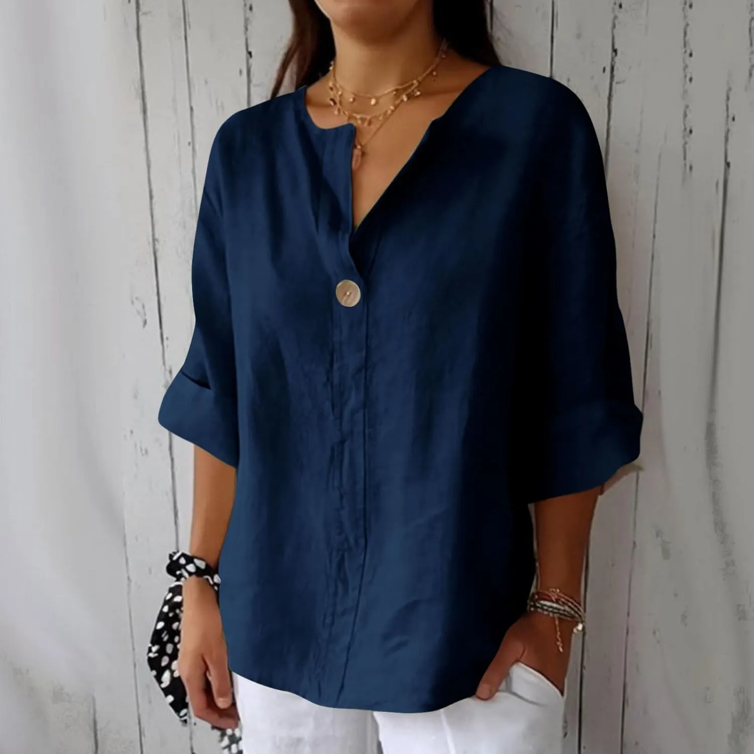 Linen Tops for Women 2025 Summer Trendy 3/4 Sleeve Cotton Linen Shirt Casual Button V Neck Tunic Blouses Plus Size