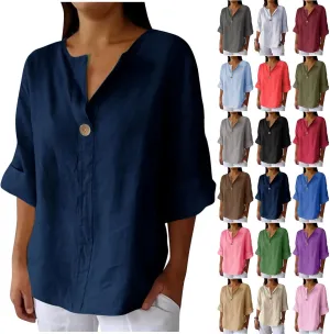 Linen Tops for Women 2025 Summer Trendy 3/4 Sleeve Cotton Linen Shirt Casual Button V Neck Tunic Blouses Plus Size