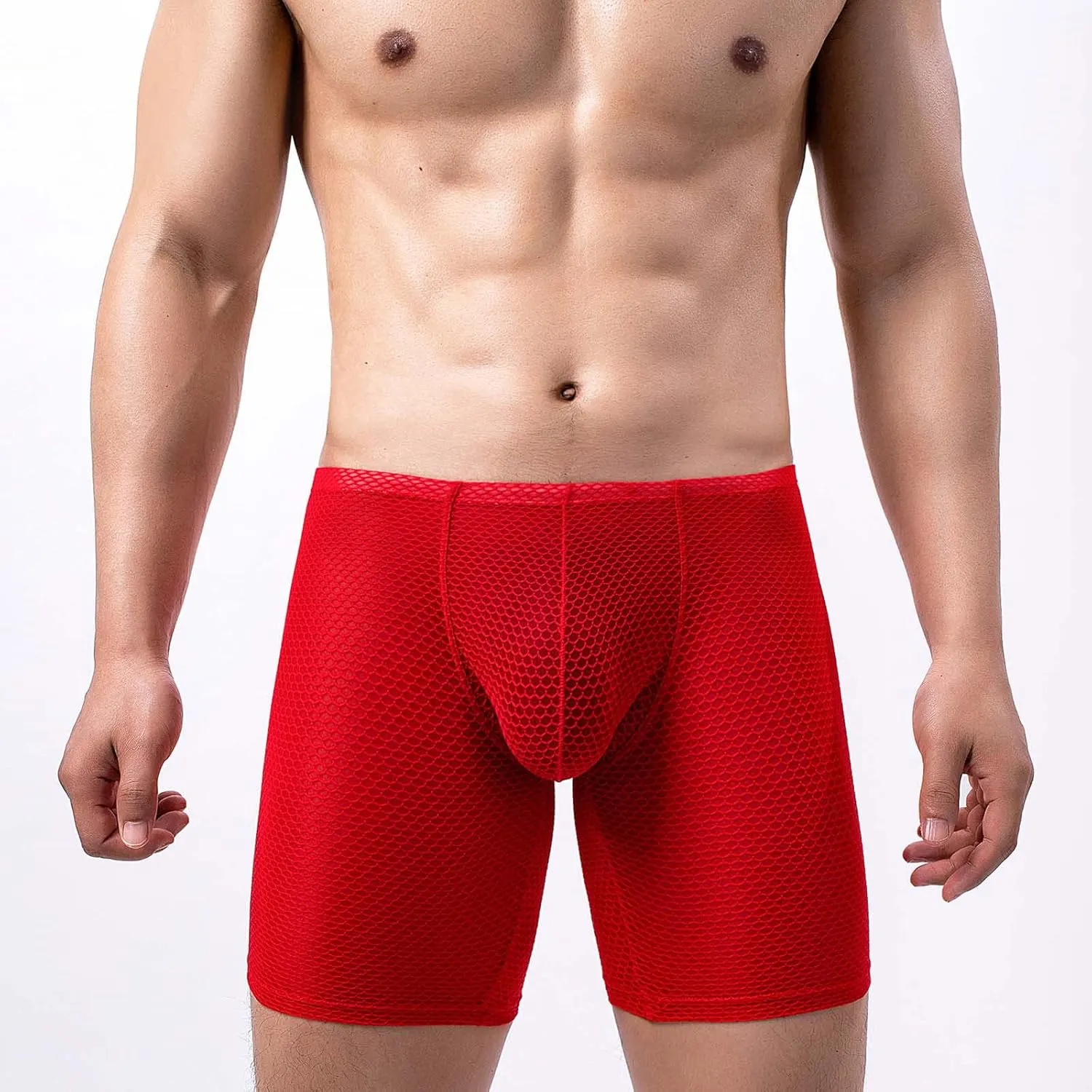 Long Leg Mesh Boxer Briefs for Men Breathable U Pouch Quick Dry Trunks Swimwear Mens Swim Underwear