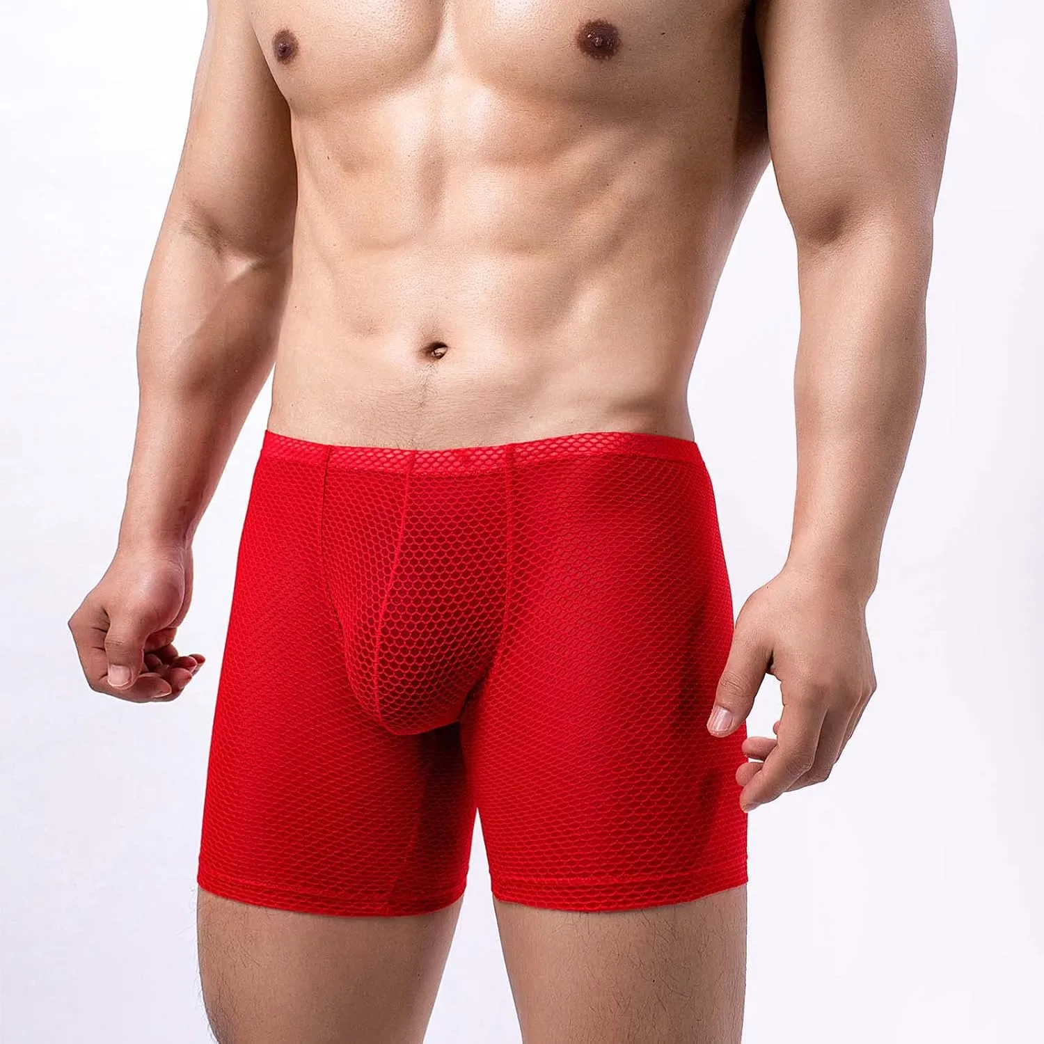 Long Leg Mesh Boxer Briefs for Men Breathable U Pouch Quick Dry Trunks Swimwear Mens Swim Underwear
