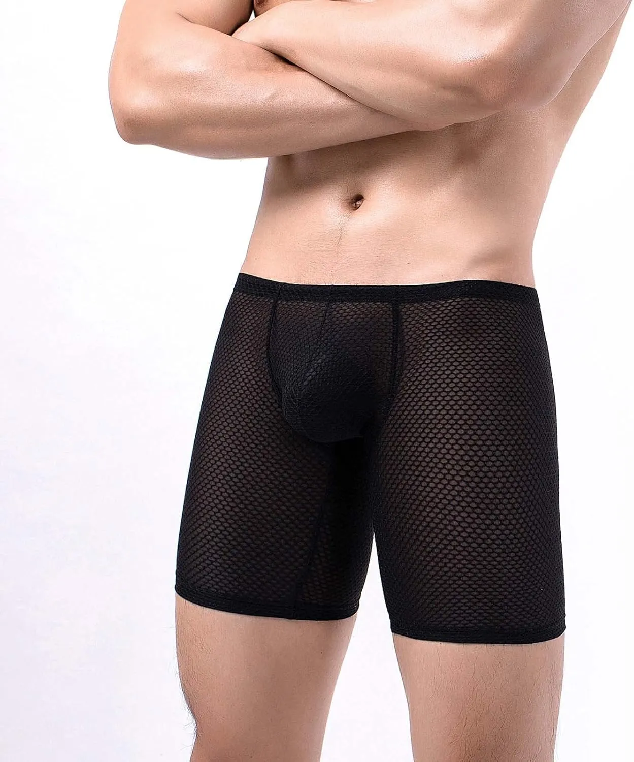 Long Leg Mesh Boxer Briefs for Men Breathable U Pouch Quick Dry Trunks Swimwear Mens Swim Underwear