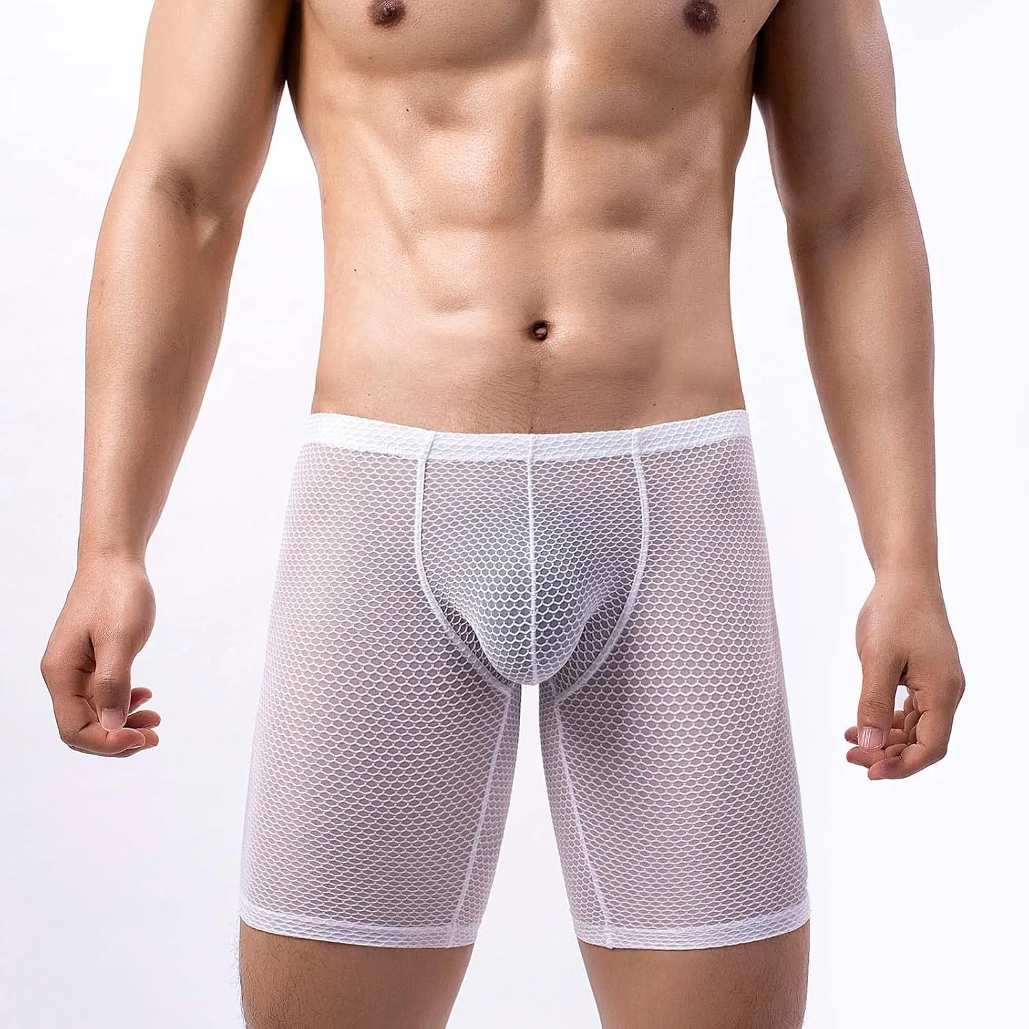 Long Leg Mesh Boxer Briefs for Men Breathable U Pouch Quick Dry Trunks Swimwear Mens Swim Underwear