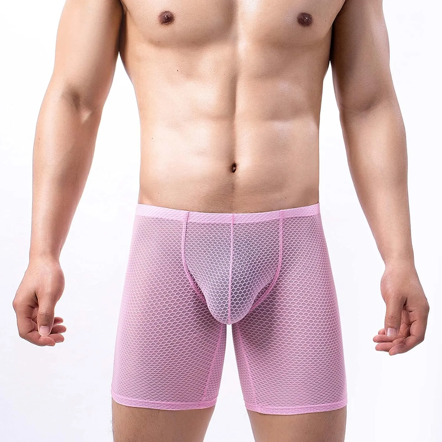 Long Leg Mesh Boxer Briefs for Men Breathable U Pouch Quick Dry Trunks Swimwear Mens Swim Underwear
