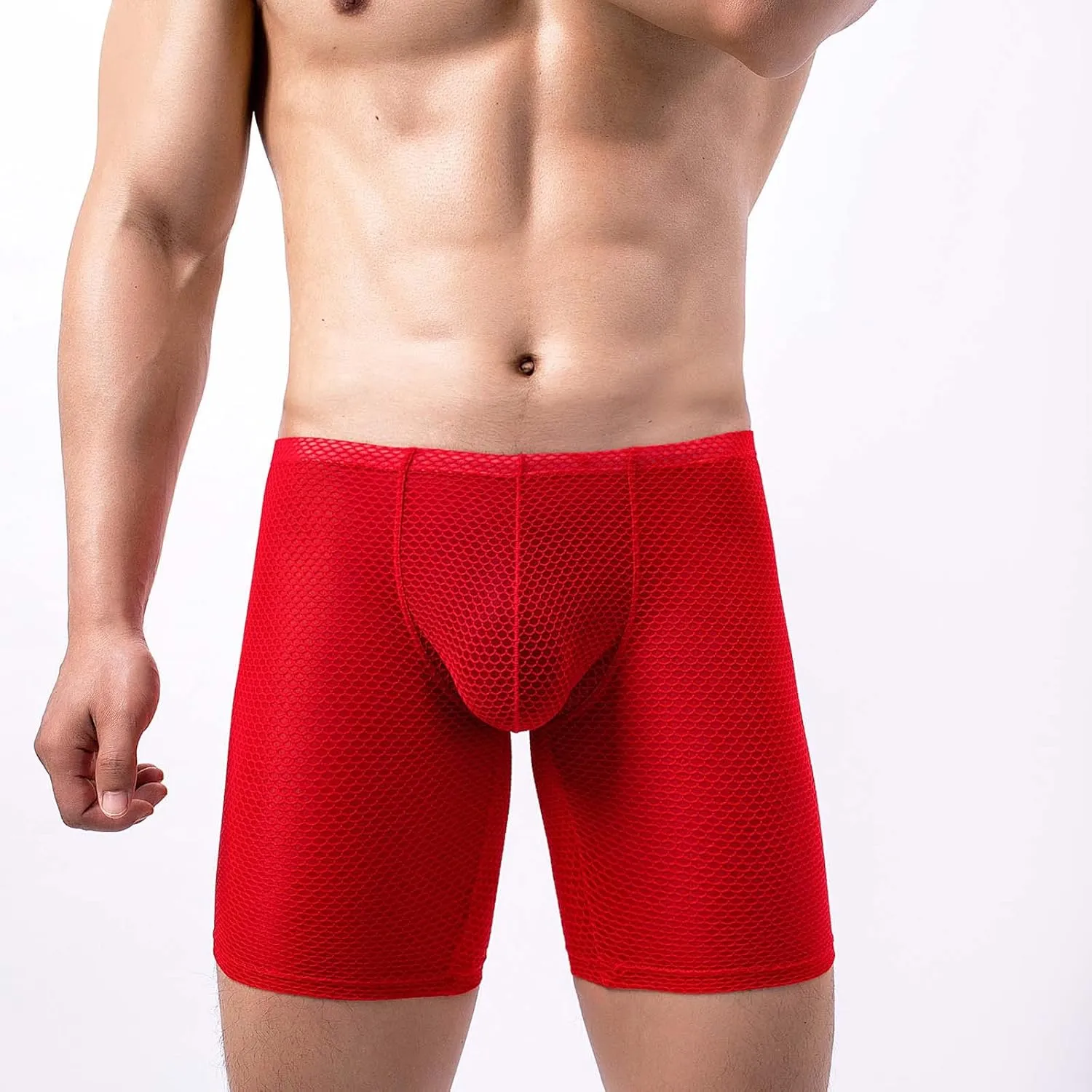 Long Leg Mesh Boxer Briefs for Men Breathable U Pouch Quick Dry Trunks Swimwear Mens Swim Underwear