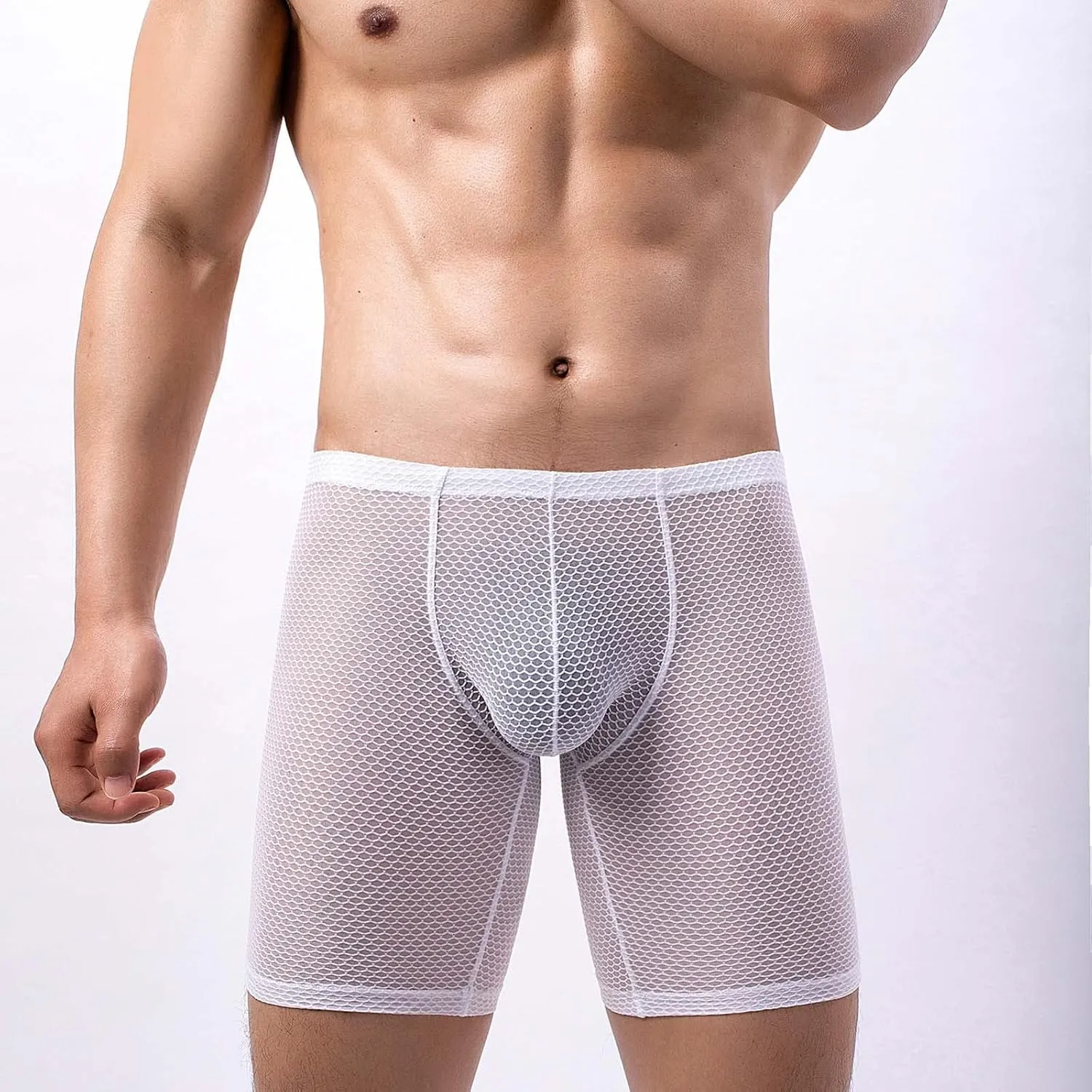 Long Leg Mesh Boxer Briefs for Men Breathable U Pouch Quick Dry Trunks Swimwear Mens Swim Underwear