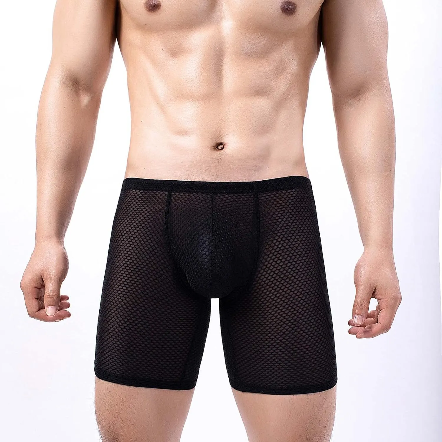Long Leg Mesh Boxer Briefs for Men Breathable U Pouch Quick Dry Trunks Swimwear Mens Swim Underwear