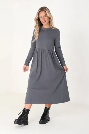 LONG SLEEVE SOLID COLOUR MIDI SMOCK DRESS
